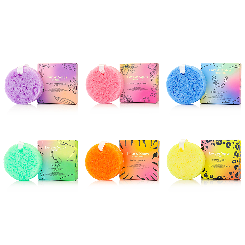 Spongellé Love & Notes Body Buffer assorted pack, a body wash-infused buffer with floral and fruity scents, natural skin exfoliation