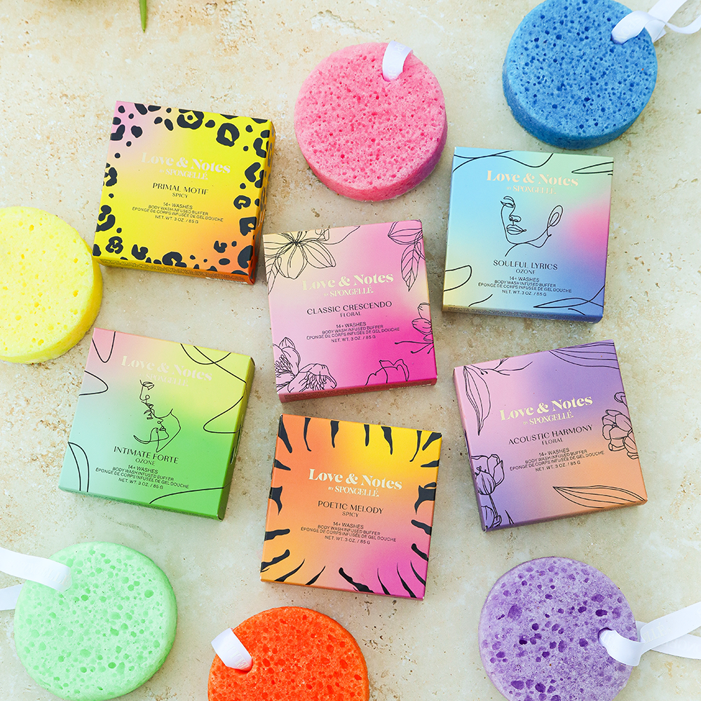Spongellé Love & Notes Body Buffer Assorted Pack, infused body wash buffer with floral and love-themed design.