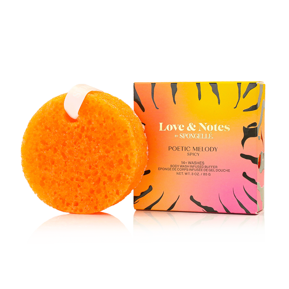 Spongellé Love & Notes Body Buffer Assorted Pack, body wash infused buffer with floral scent, textured exfoliating sponge for skin cleansing.