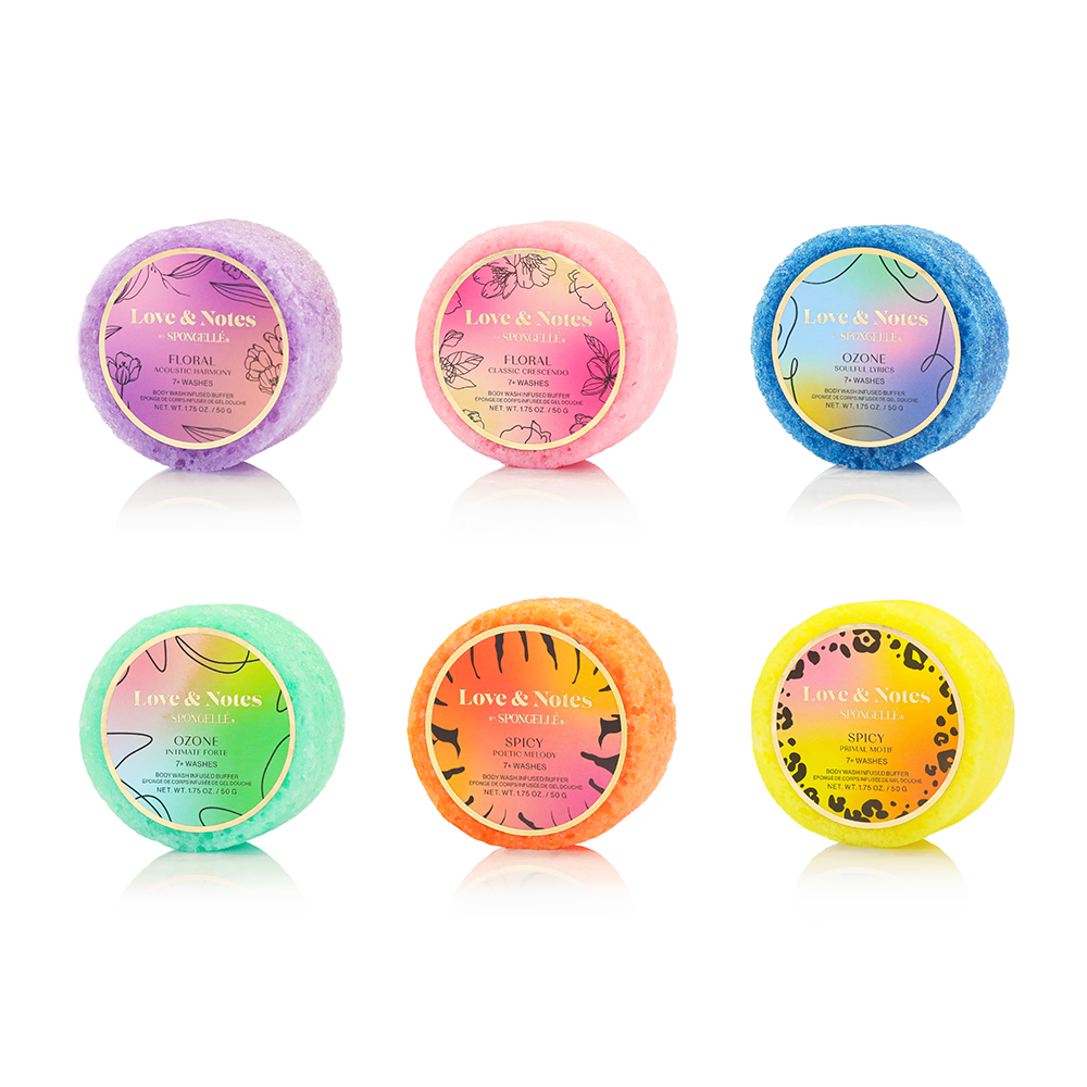 Spongellé Love & Notes Spongette assorted pack of body wash-infused buffers with floral and elegant design.
