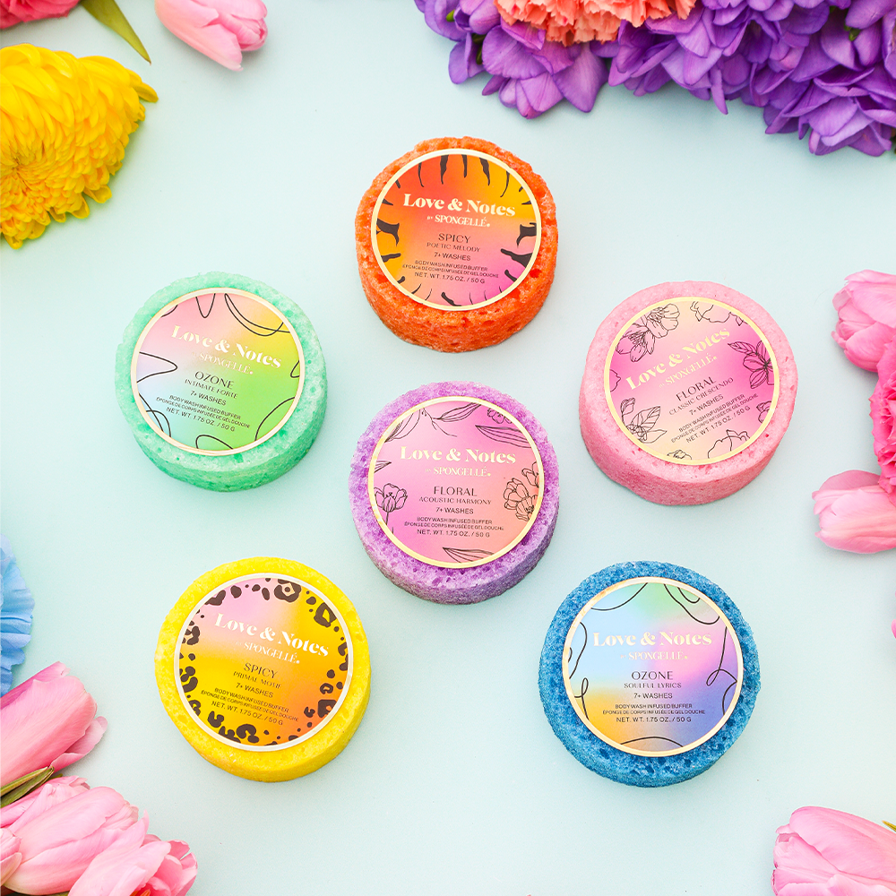 Spongellé Love & Notes Spongette Assorted Pack of body wash-infused buffers with colorful, textured sponges for gentle cleansing.