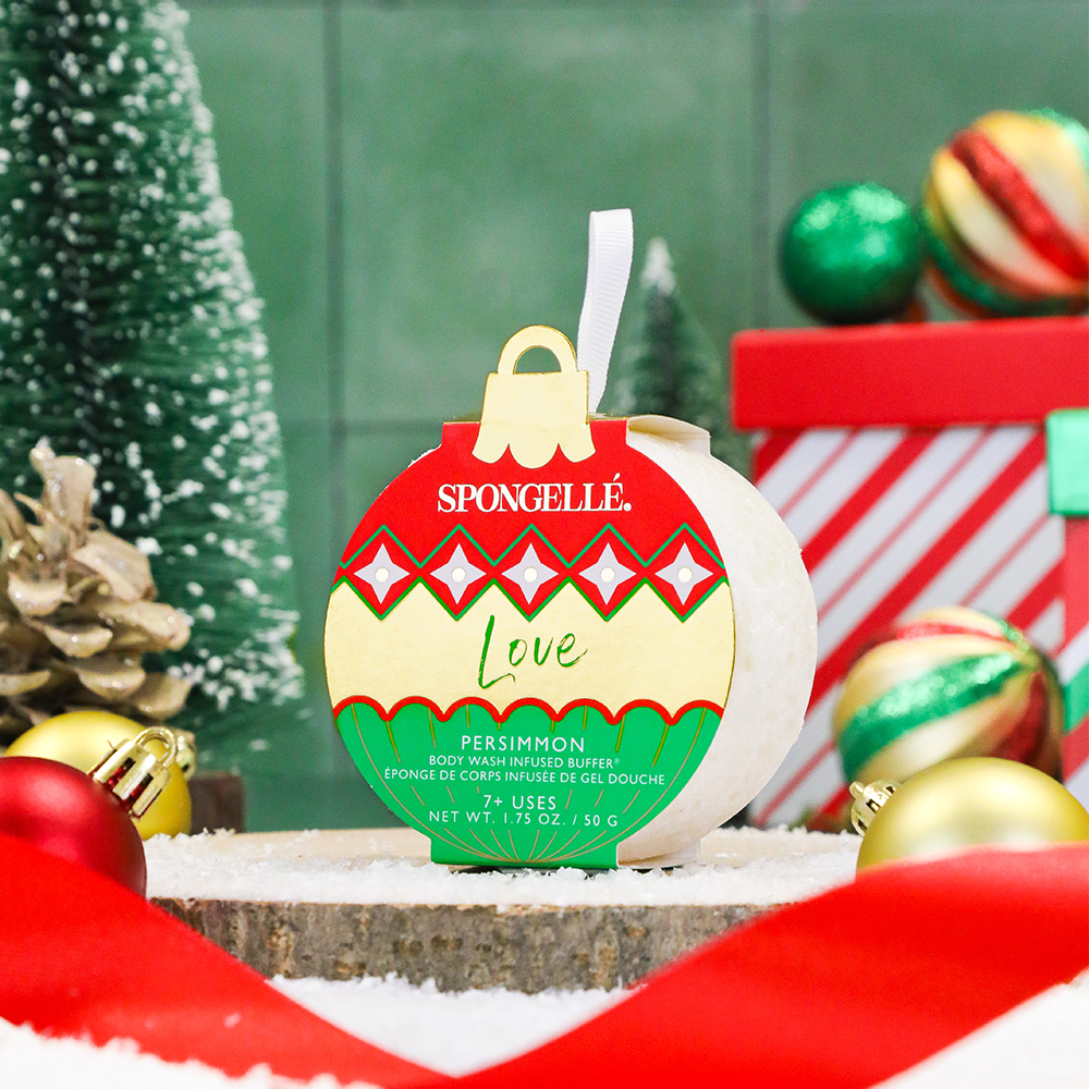 Spongellé Love Persimmon holiday ornament body wash infused buffer with festive design and soft exfoliating texture.