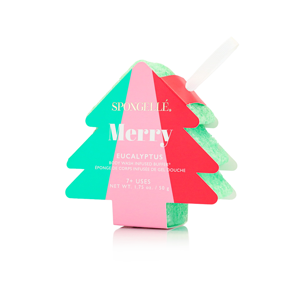 Spongellé Merry Eucalyptus holiday-themed body wash infused buffer with festive green and red design, designed for gentle skin cleansing.