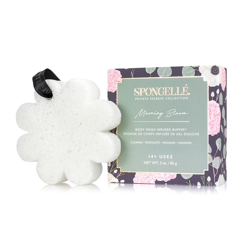 Spongellé Morning Bloom boxed flower body wash infused buffer with floral design and soft texture for gentle cleansing.