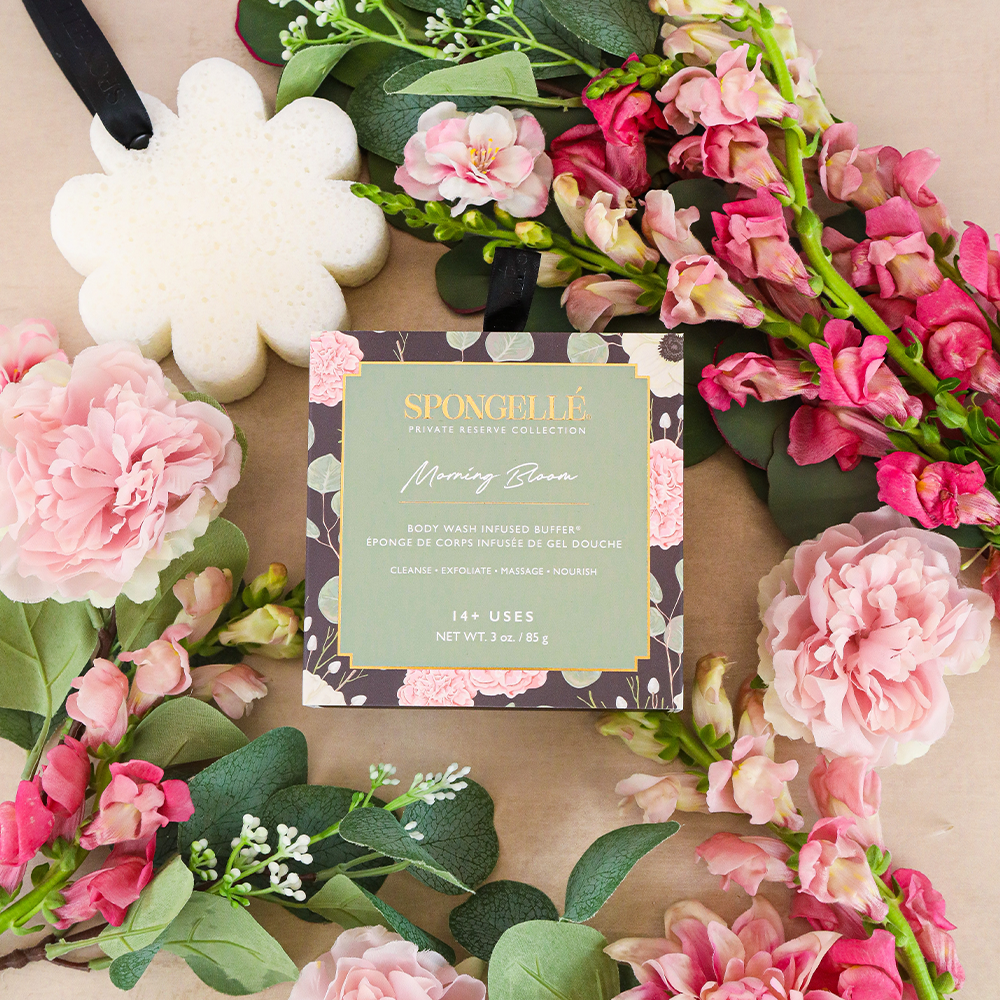 Spongellé Morning Bloom boxed flower body wash infused buffer with floral design and textured surface for gentle cleansing.