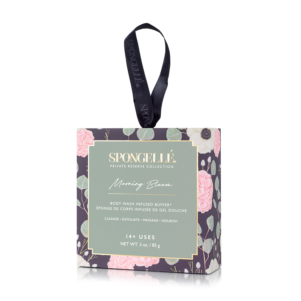 Spongellé Morning Bloom boxed flower body wash-infused buffer with vibrant floral design and soft textured sponge for cleansing.