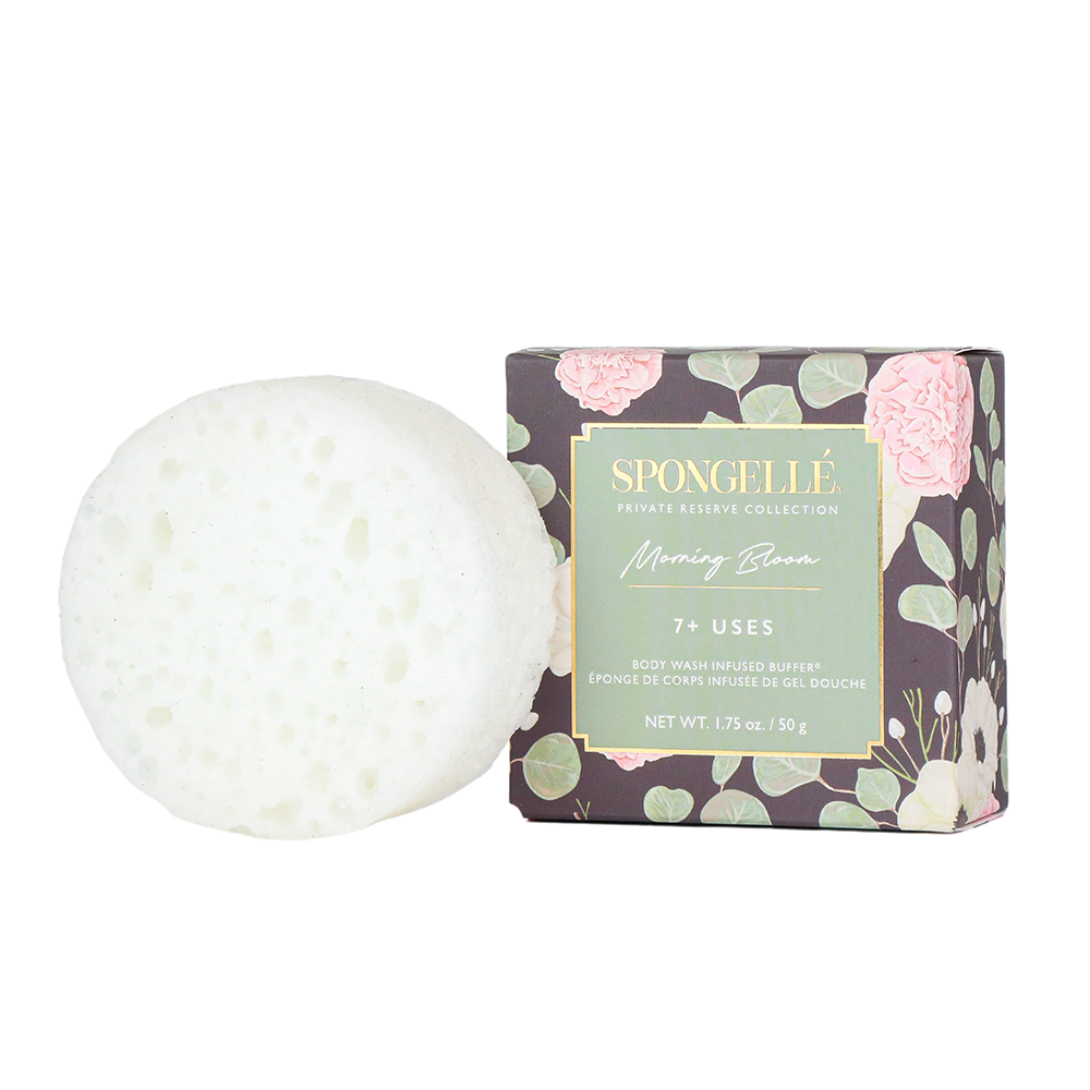Spongellé Morning Bloom Spongette body wash infused buffer with floral scent and soft textured sponge for cleansing and exfoliating.