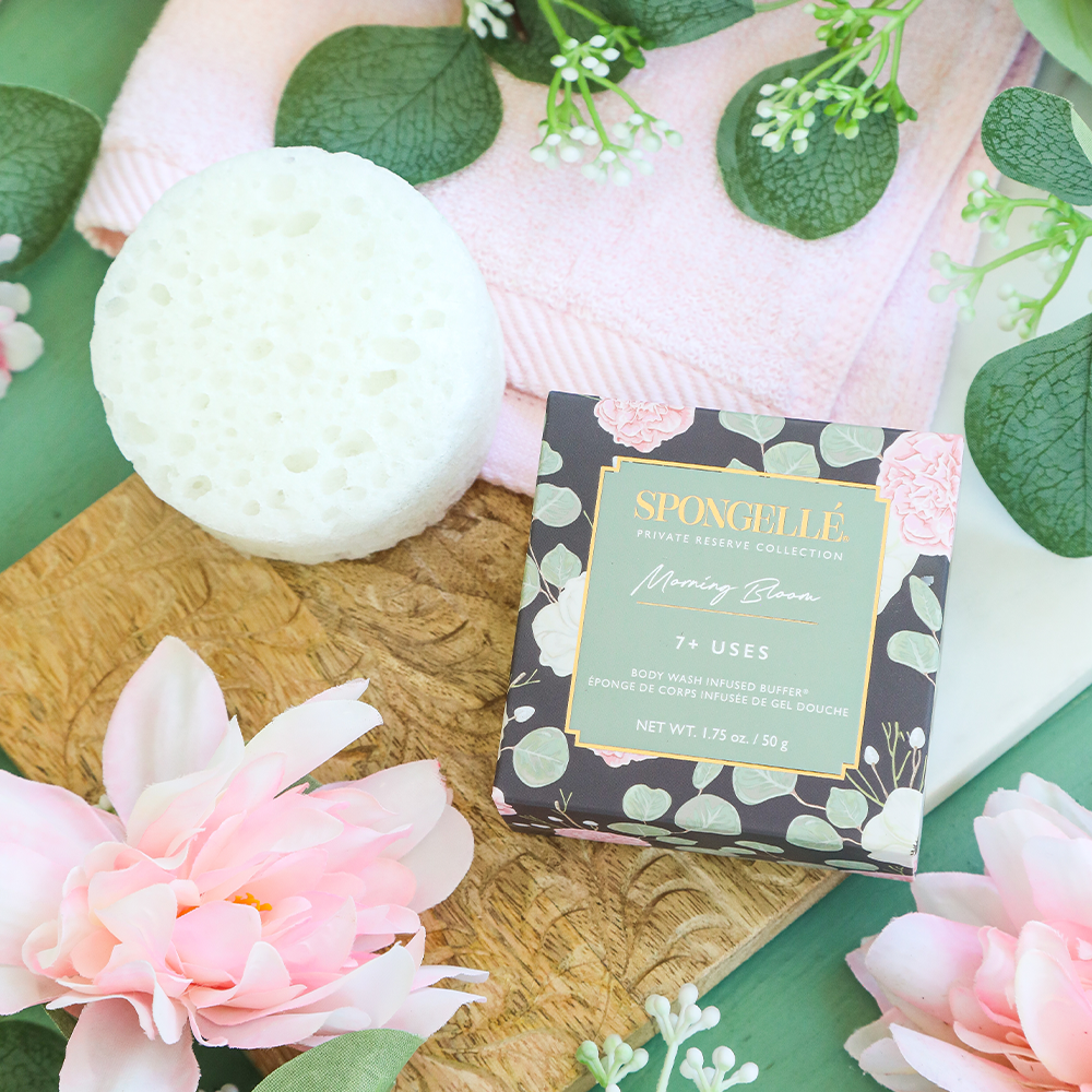 Spongellé Morning Bloom Spongette body wash-infused buffer with floral design and soft texture for gentle cleansing.