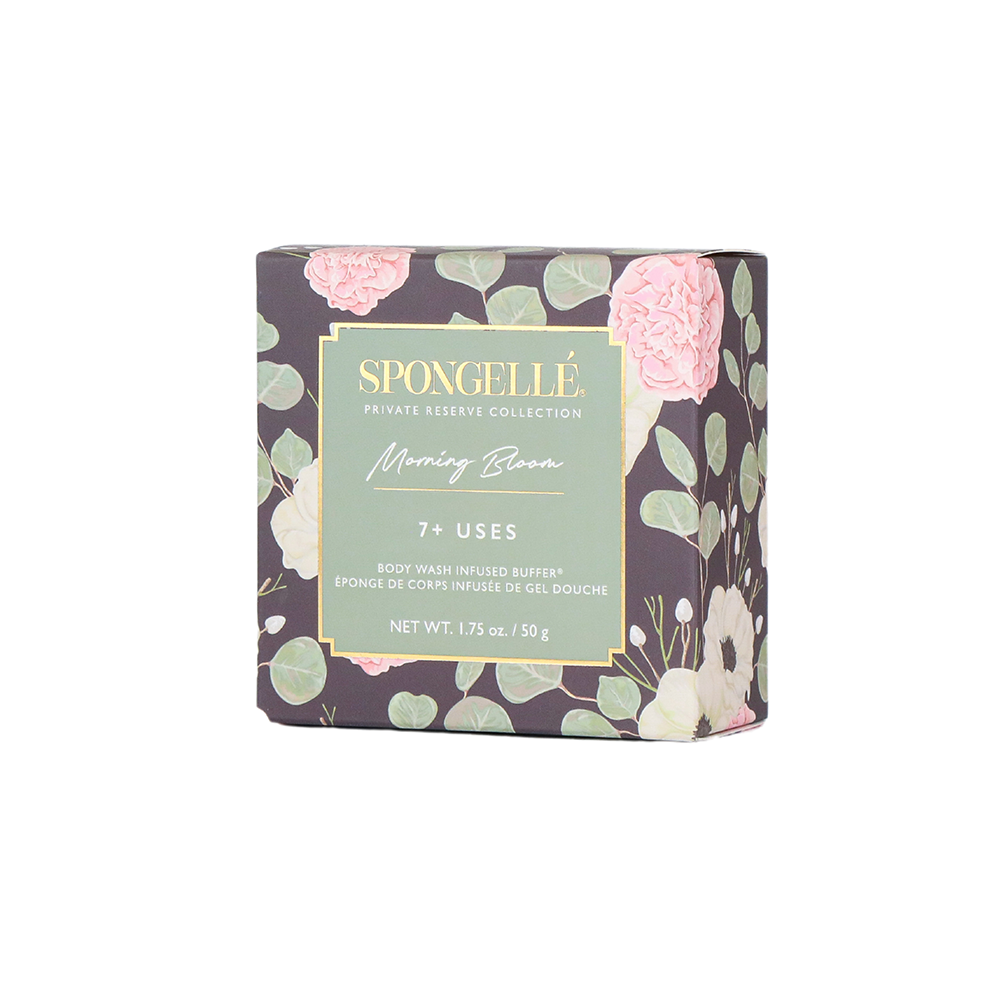 Spongellé Morning Bloom Spongette body wash infused buffer with floral design and soft texture for gentle cleansing.
