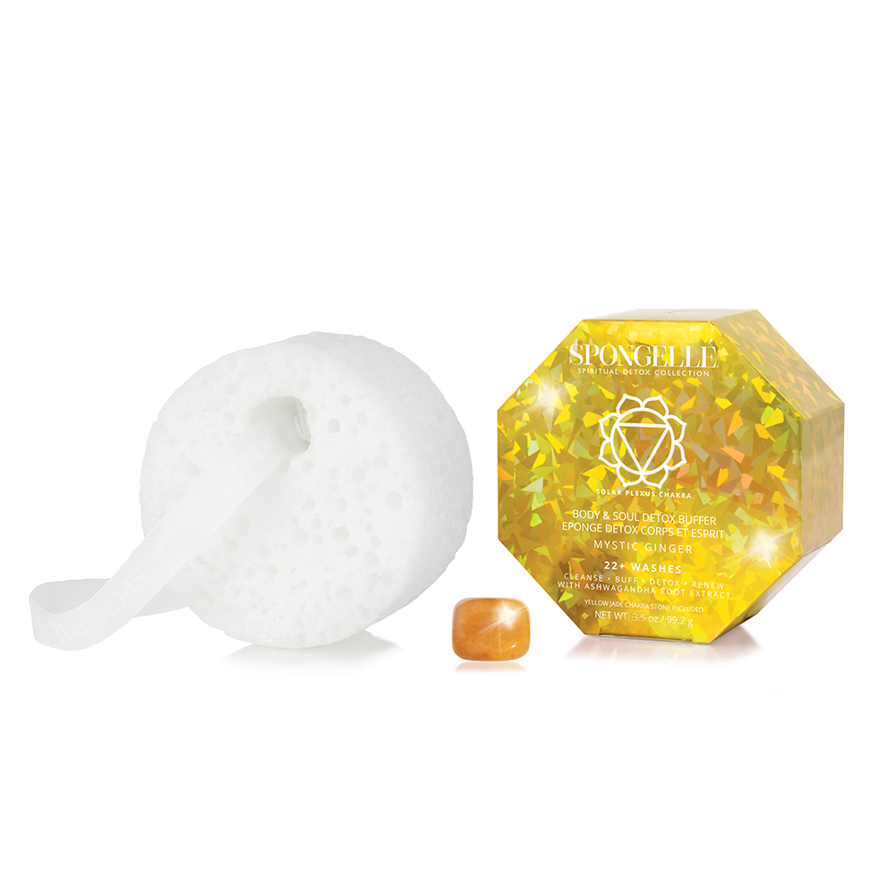 Spongellé Mystic Ginger Spiritual Detox Yellow Jade body wash-infused buffer with yellow jade accents and textured surface for cleansing.