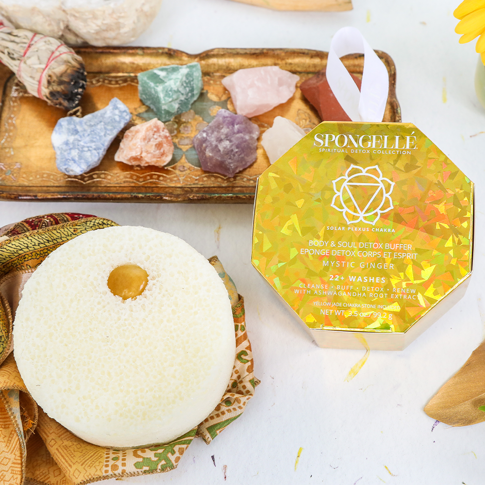 Spongellé Mystic Ginger spiritual detox yellow jade body wash infused buffer with vibrant yellow-green tones and textured surface.