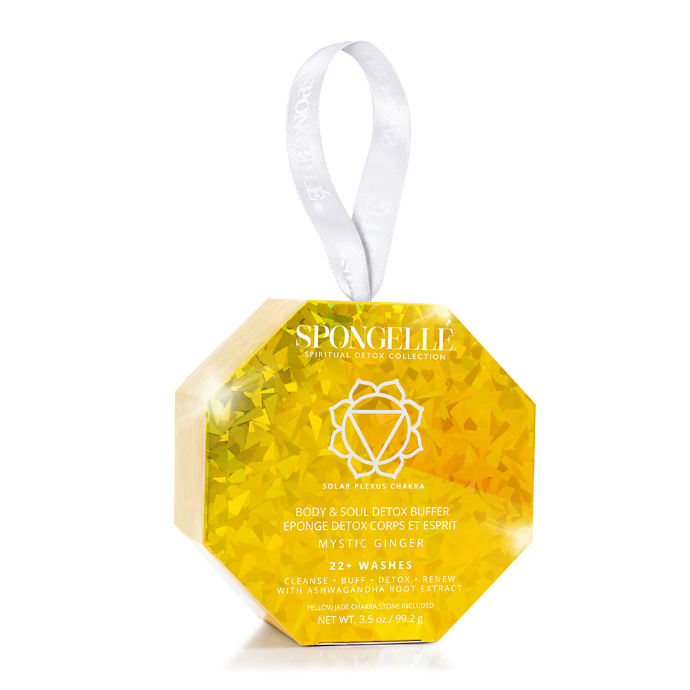 Spongellé Mystic Ginger spiritual detox body wash-infused buffer with yellow jade, featuring vibrant yellow and intricate design.