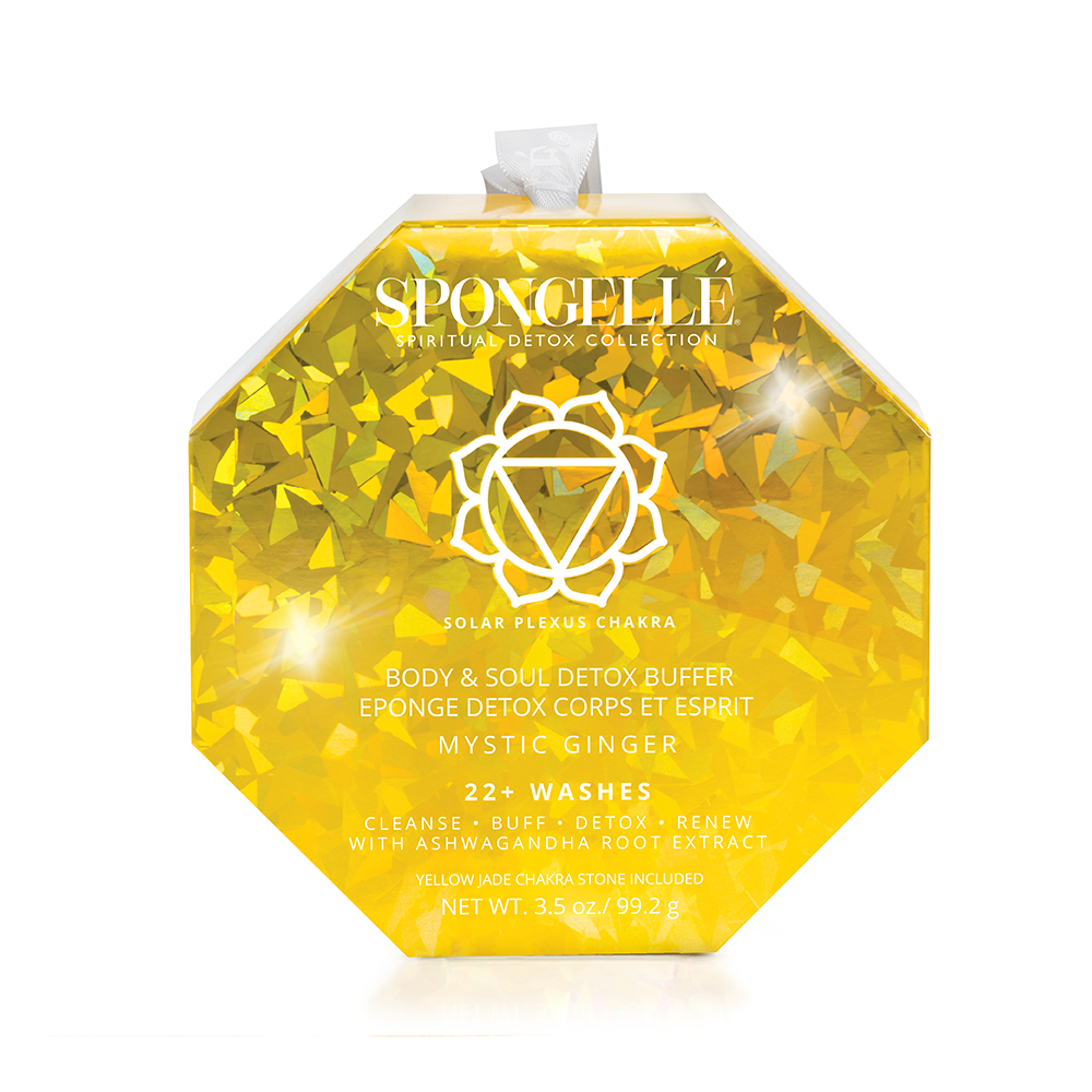 Spongellé Mystic Ginger Spiritual Detox yellow jade body wash infused buffer with floral and ginger scent, textured for exfoliation.