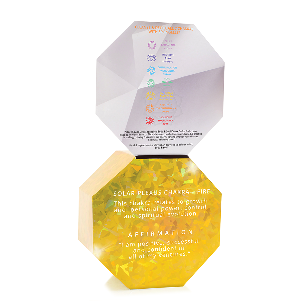 Spongellé Mystic Ginger spiritual detox yellow jade body wash-infused buffer showing the textured sponge with yellow jade accents.