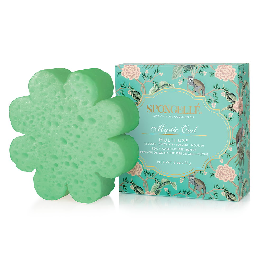 Spongellé Mystic Oud Art Chinois multi-use body buffer infused with body wash, showing a textured sponge with elegant design.