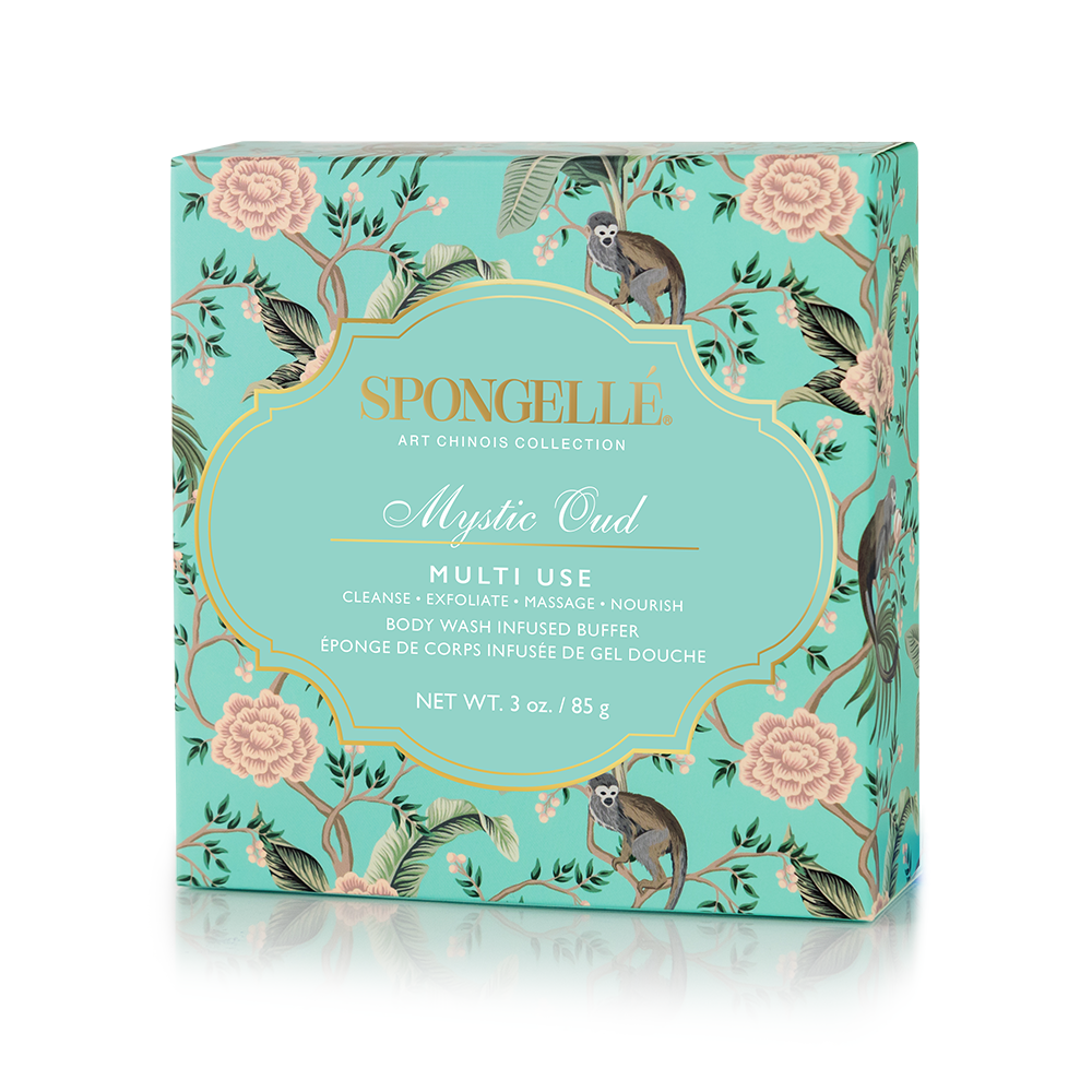 Spongellé Mystic Oud Art Chinois multi-use body buffer with intricate design, infused with nourishing body wash for gentle cleansing.