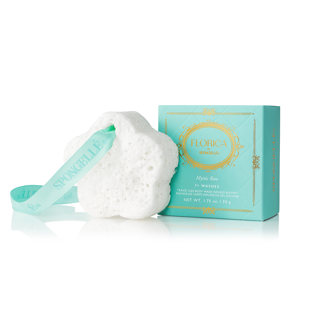 Florica Mystic Rose Spongette body wash infused buffer showing a textured sponge with floral design and packaging detail