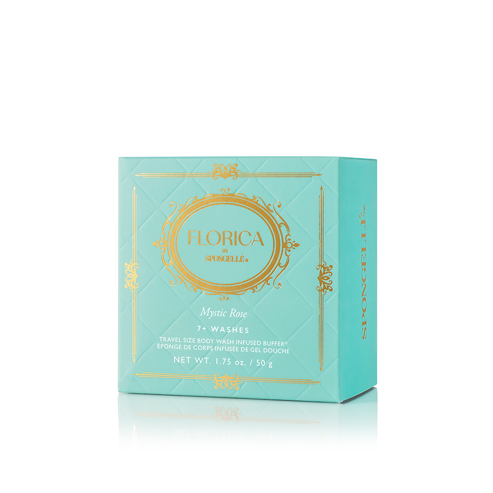 Spongellé Mystic Rose Spongette, a body wash infused buffer with a floral scent, designed for gentle cleansing and exfoliation.