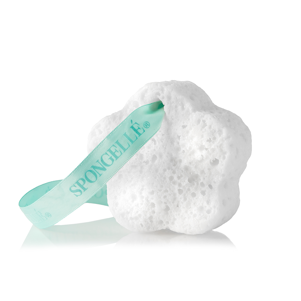 Mystic Rose Spongette body wash-infused buffer by Spongellé with pink and white sponge, infused with floral scent.