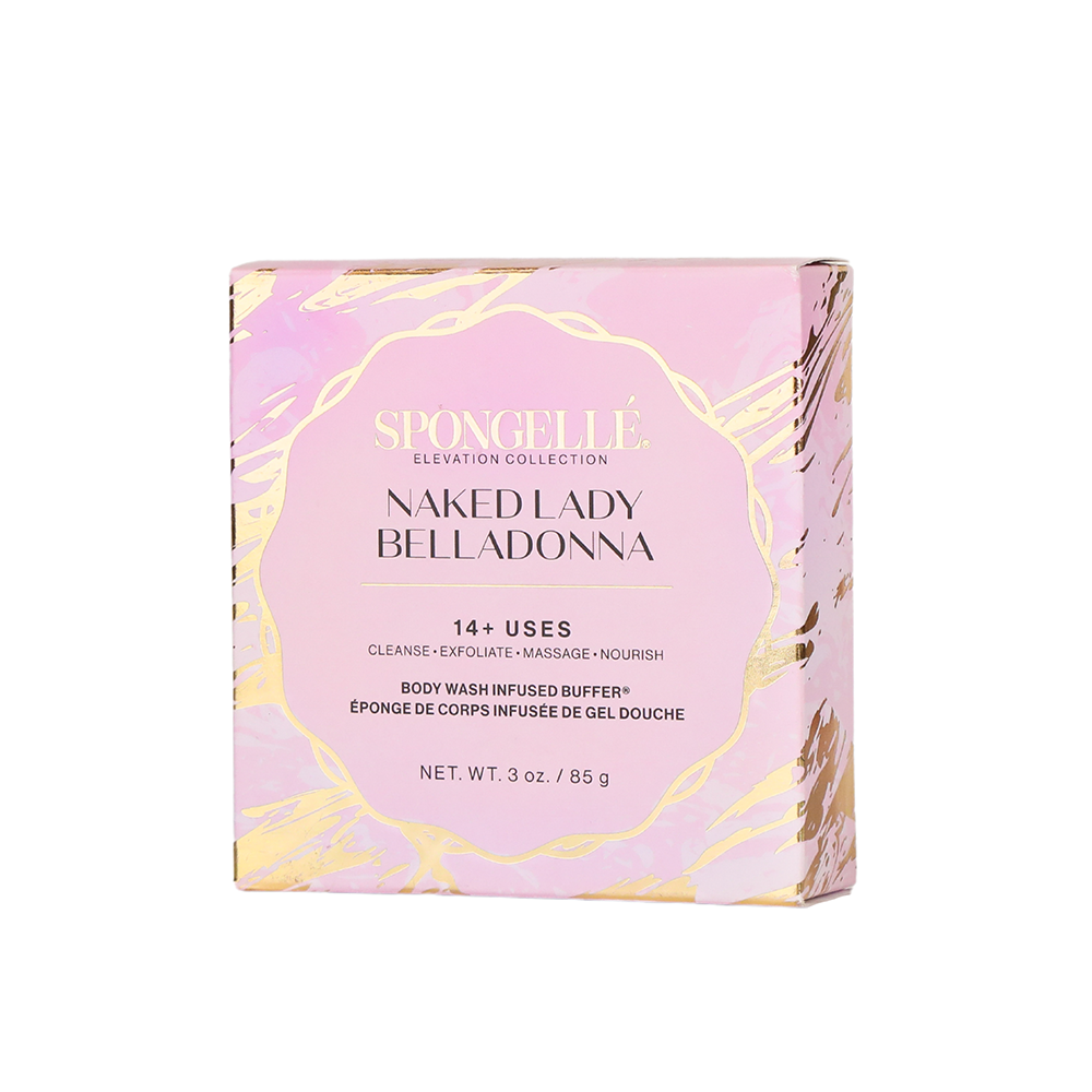 Spongellé Naked Lady Belladonna Body Wash Infused Buffer in Elevation Boxed Flower packaging, featuring floral design and textured body buffer.
