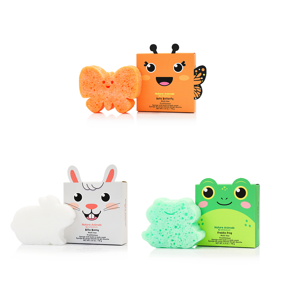 Spongellé Nature Animals Assorted Pack body wash infused buffers with colorful animal-themed designs for gentle skincare.