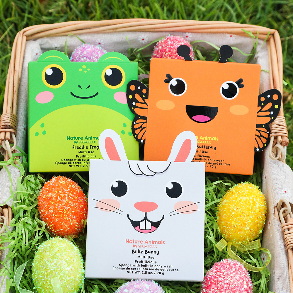 Spongellé Nature Animals Assorted Pack body wash infused buffer with natural animal-themed design and vibrant colors.