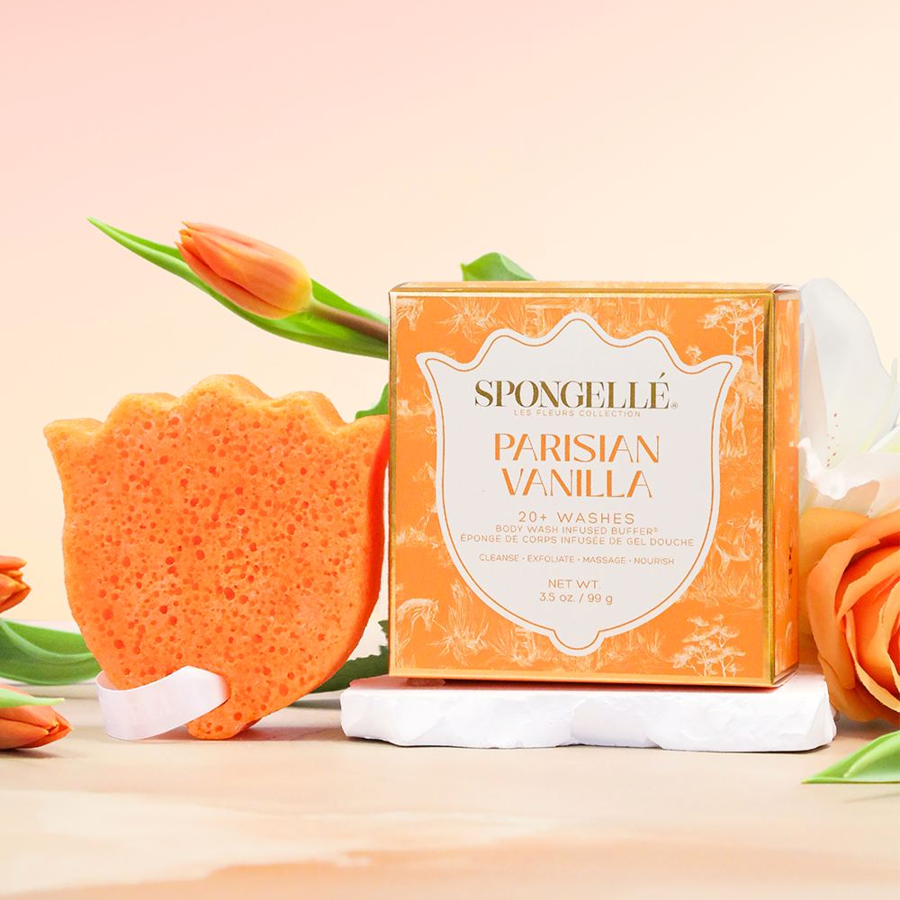 Spongellé Parisian Vanilla Les Fleurs Body Buffer, a body wash infused buffer with floral vanilla scent, showing textured sponge.
