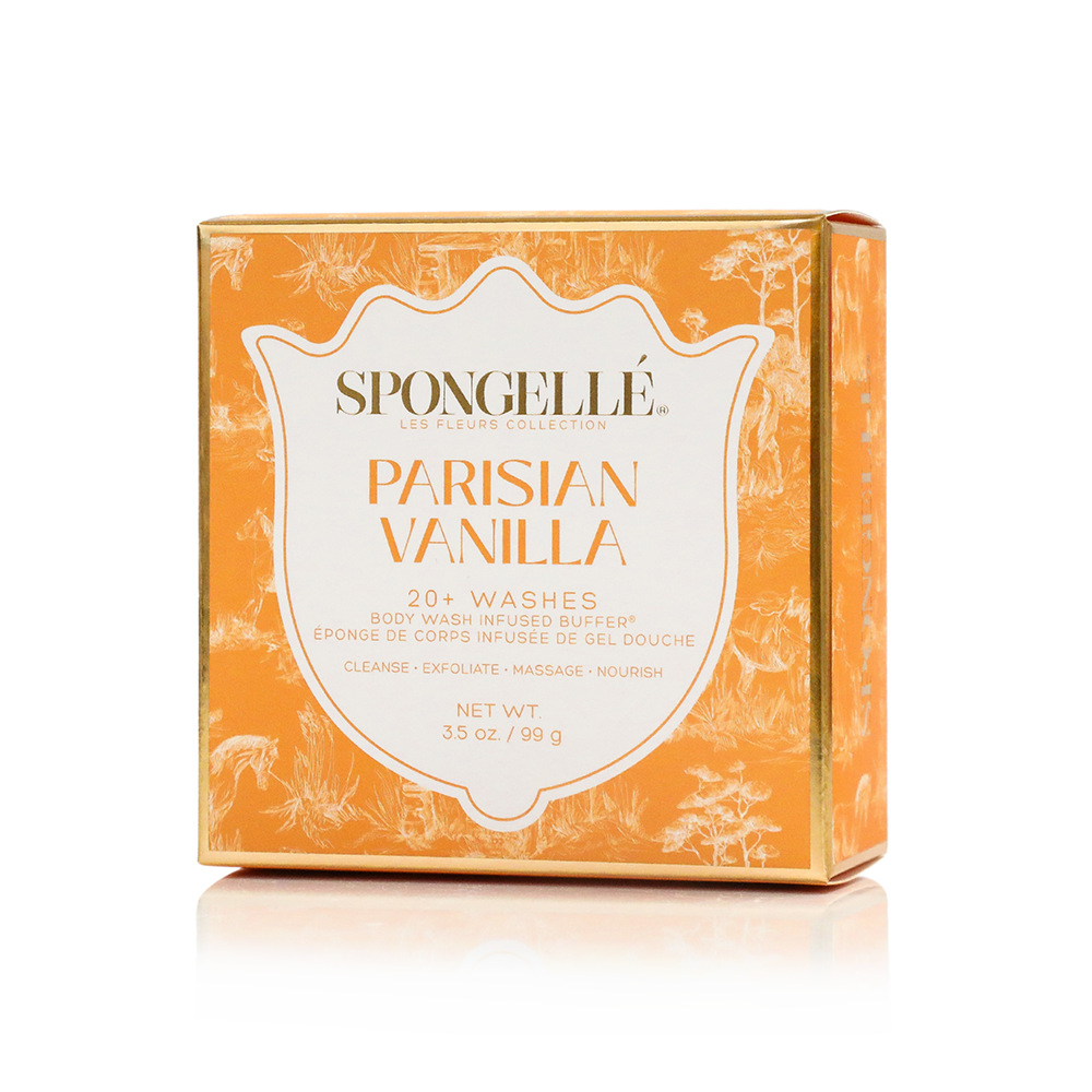 Spongellé Parisian Vanilla Les Fleurs Body Buffer, a body wash infused buffer with floral vanilla scent and soft textured surface.