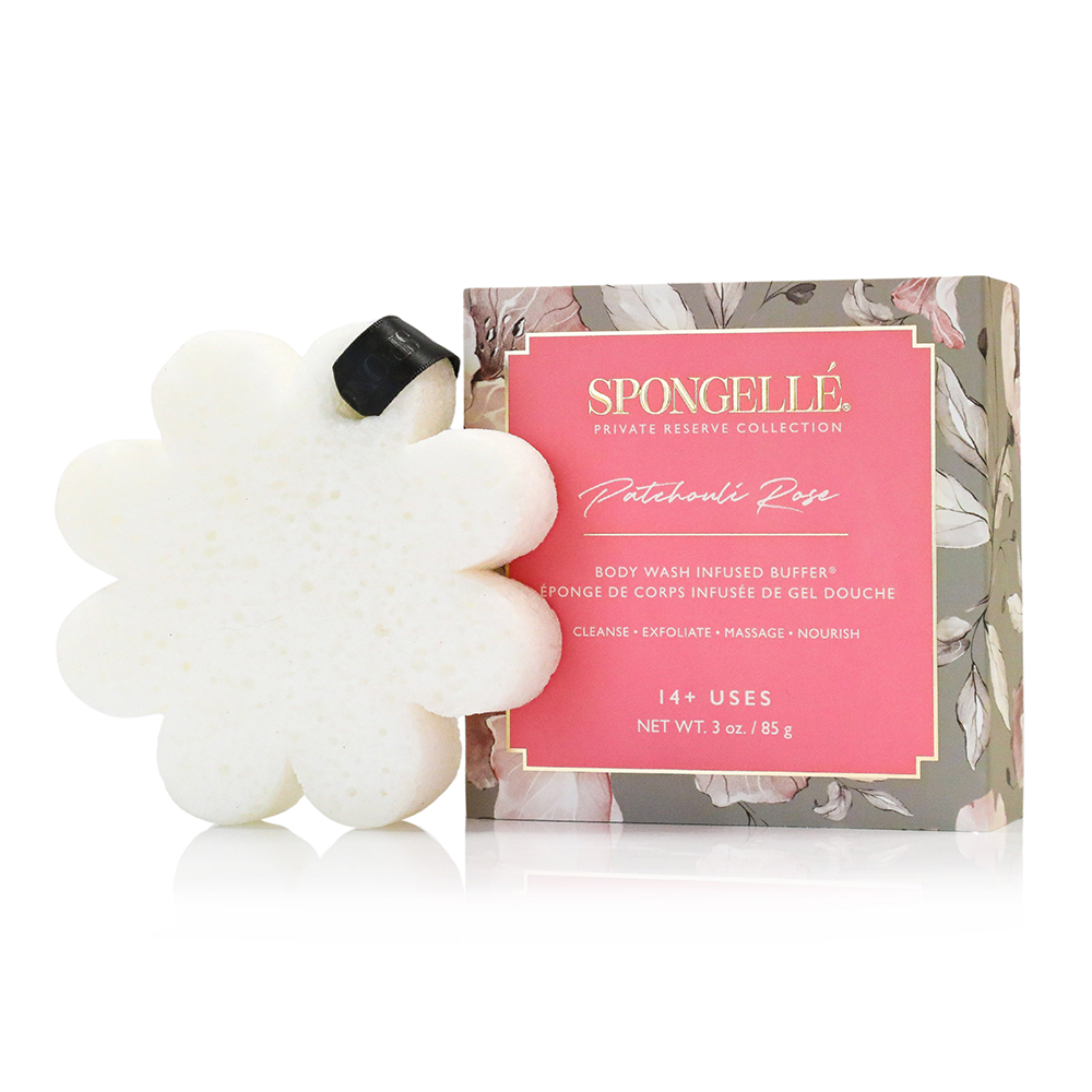Spongellé Patchouli Rose Body Wash Infused Buffer with boxed flower design, soft texture, and floral scent for gentle cleansing.