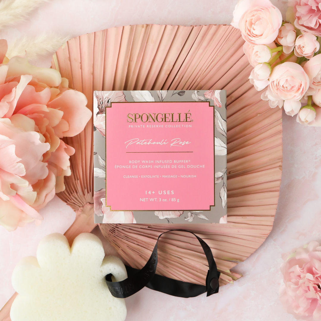 Spongellé Patchouli Rose Body Wash Infused Buffer with boxed flower design, soft texture for gentle cleansing and aromatic fragrance.