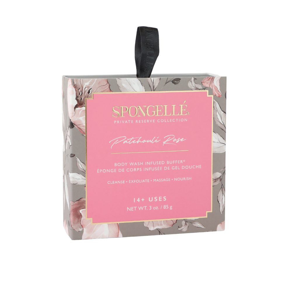 Spongellé Patchouli Rose Body Wash Infused Buffer with boxed flower design, soft exfoliating sponge for body cleansing and fragrance.