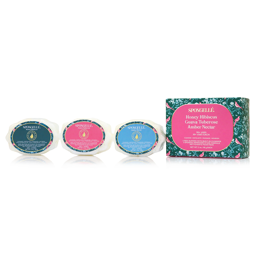 Spongellé Pedi Buffer Trio Set 2 with body wash infused buffers for exfoliating and smoothing feet and skin.