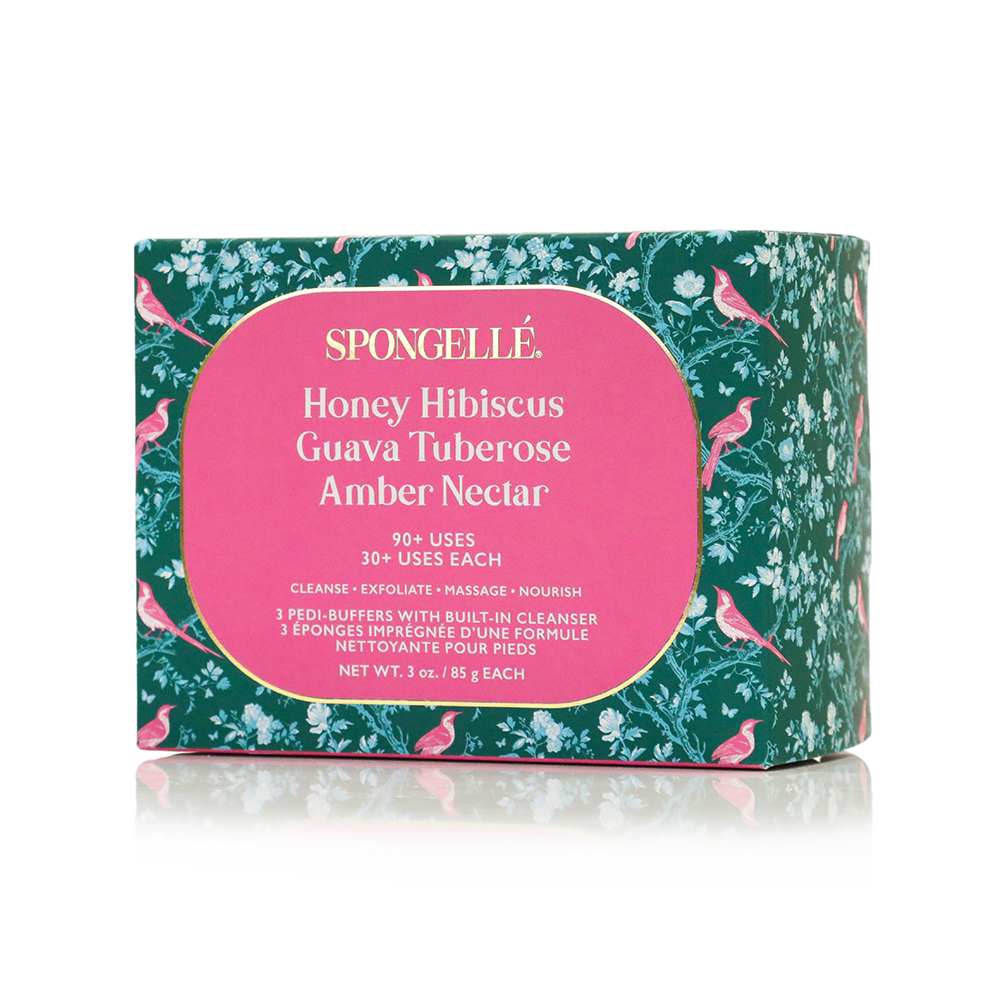 Spongellé Pedi Buffer Trio Set 2 with body wash-infused buffers for gentle exfoliation and foot care.