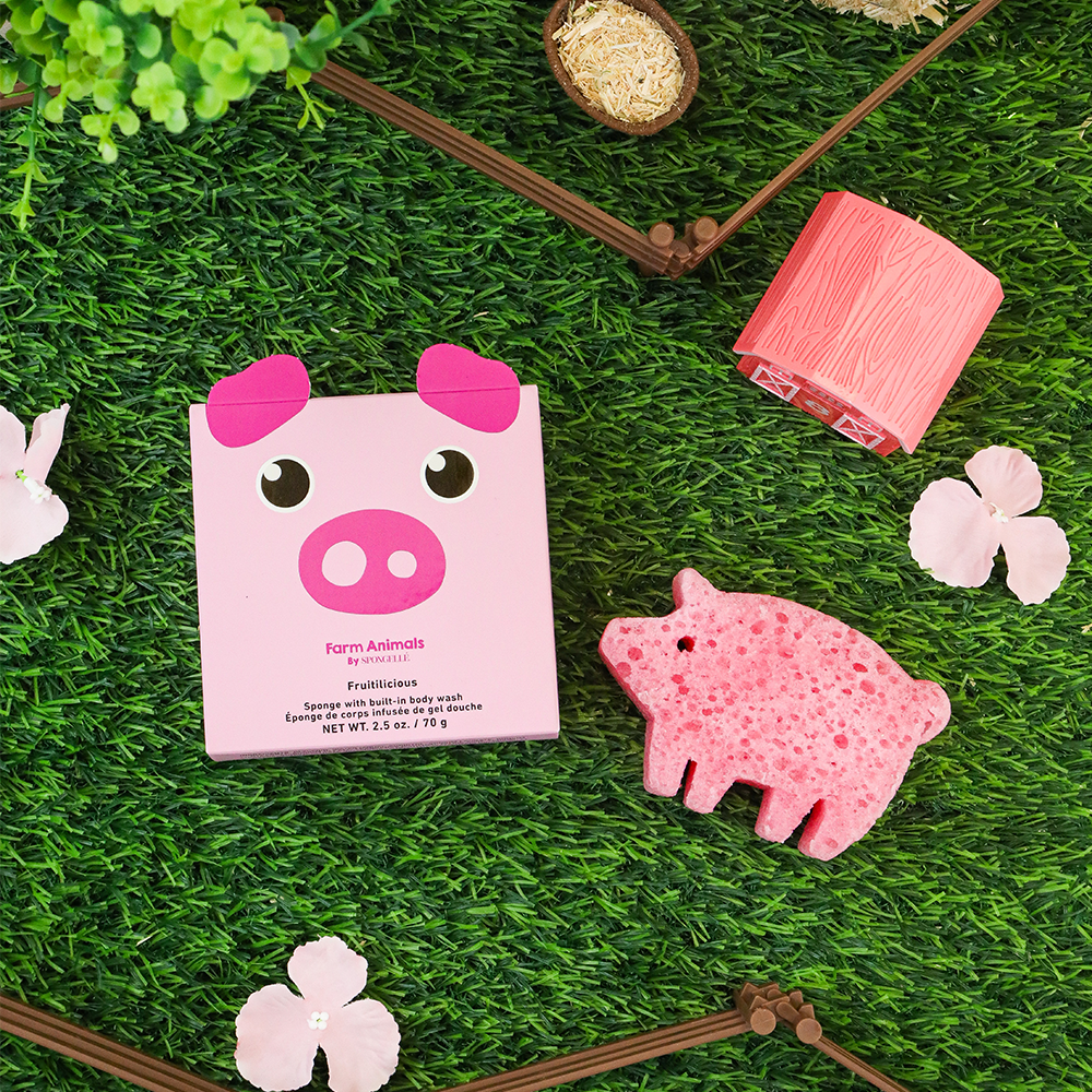 Spongellé Peggy Pig farm animals body wash infused buffer with soft sponge and playful pig design for gentle cleansing