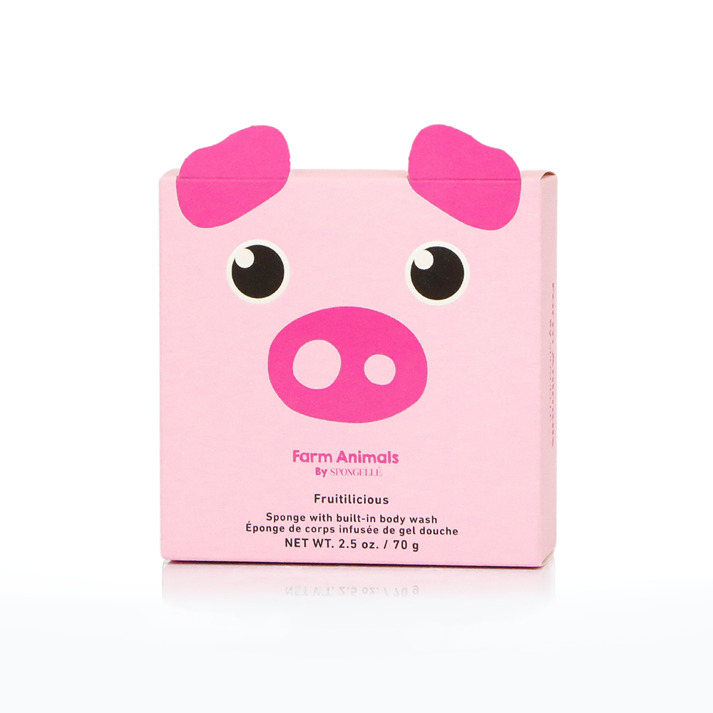 Spongellé Peggy Pig farm animals body wash infused buffer with cute pig design and colorful farm animal illustrations.