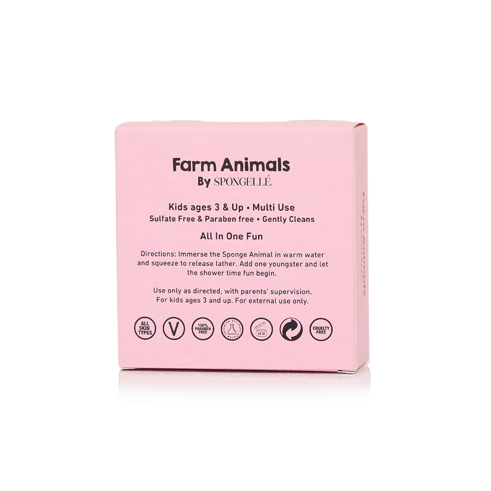 Spongellé Peggy Pig Farm Animals body wash infused buffer with pig design, soft sponge for gentle cleansing and skincare.