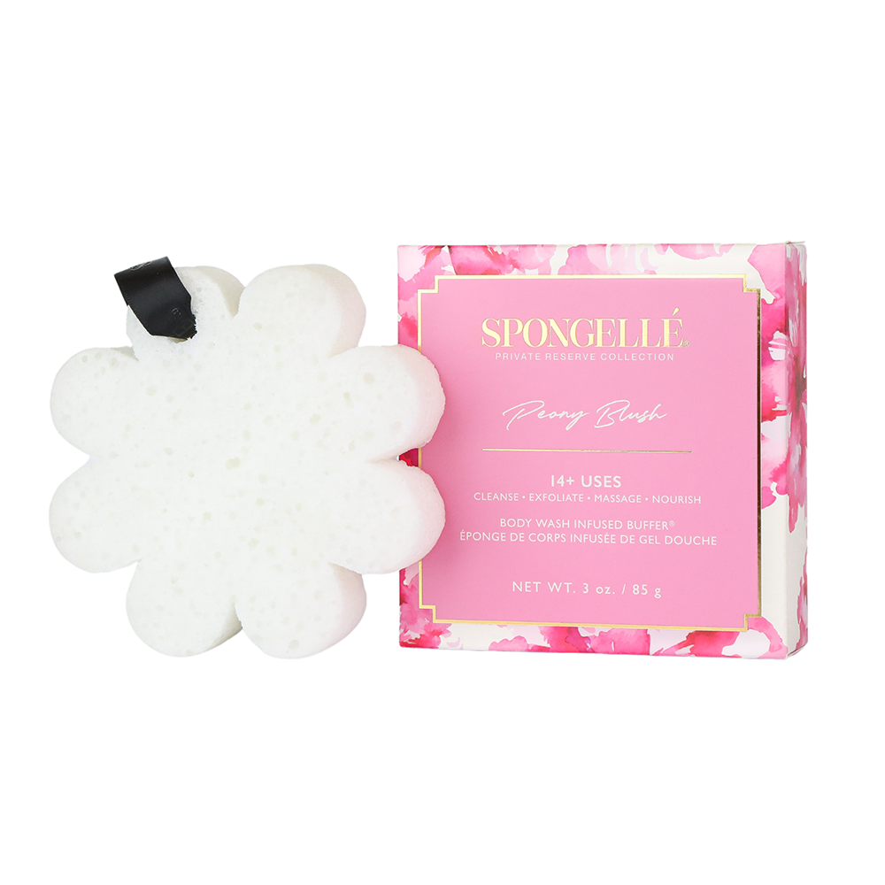 Spongellé Peony Blush Body Wash Infused Buffer with boxed floral design, soft sponge for cleansing and aromatic body care.