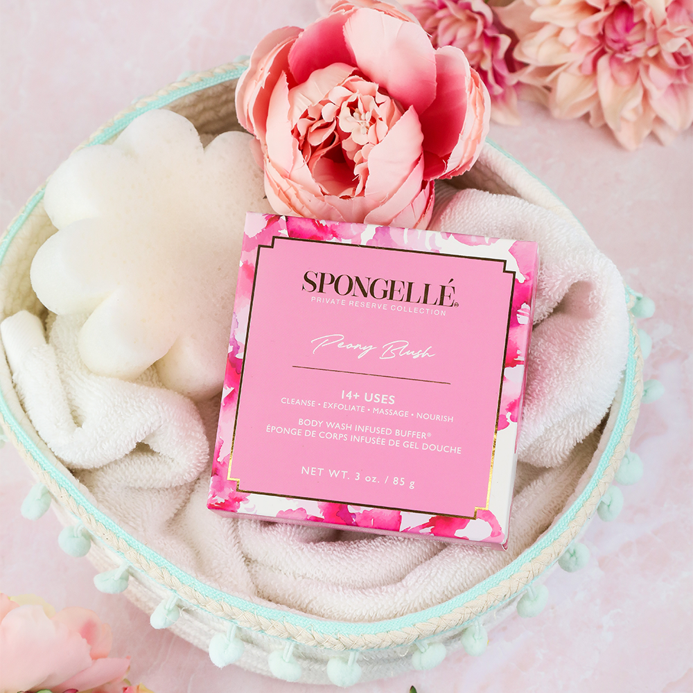 Spongellé Peony Blush Body Wash Infused Buffer in a boxed floral design, showcasing the elegant textured body scrub.
