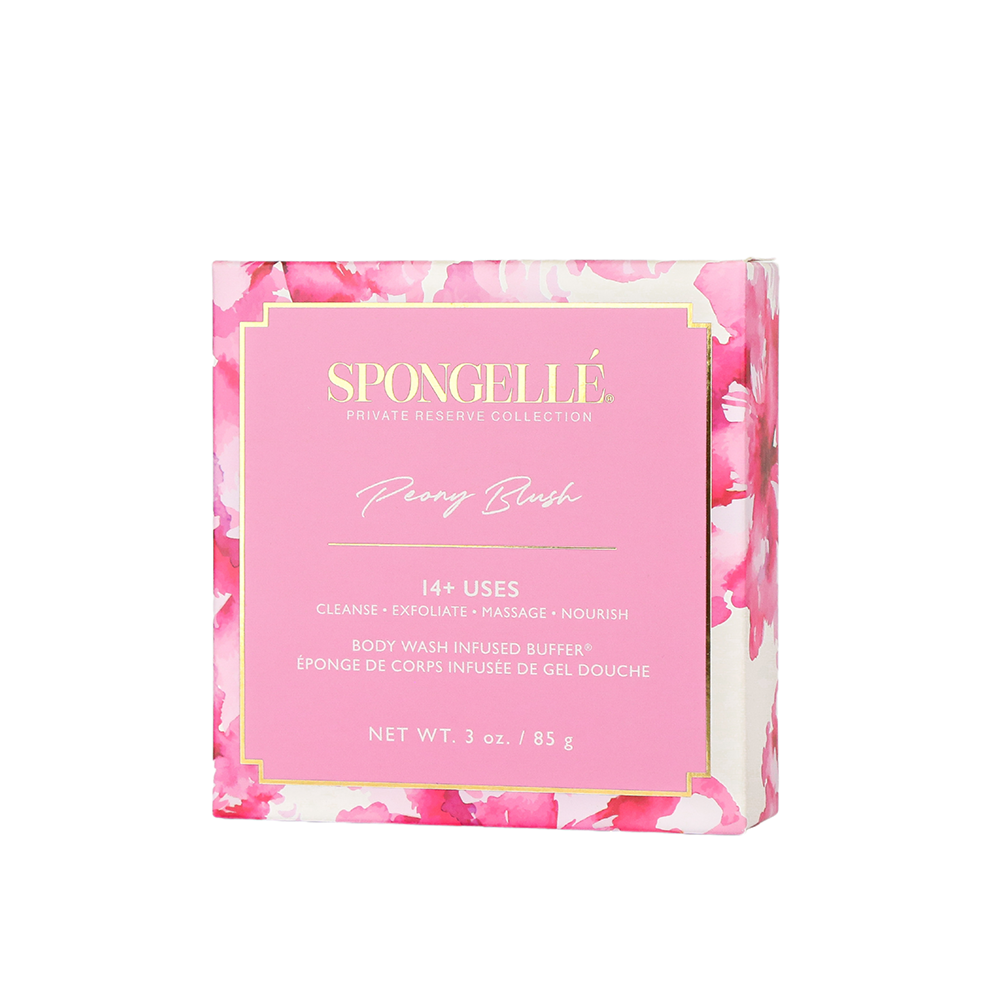 Spongellé Peony Blush Body Wash Infused Buffer in floral boxed packaging, soft sponge with floral scent and exfoliating surface.