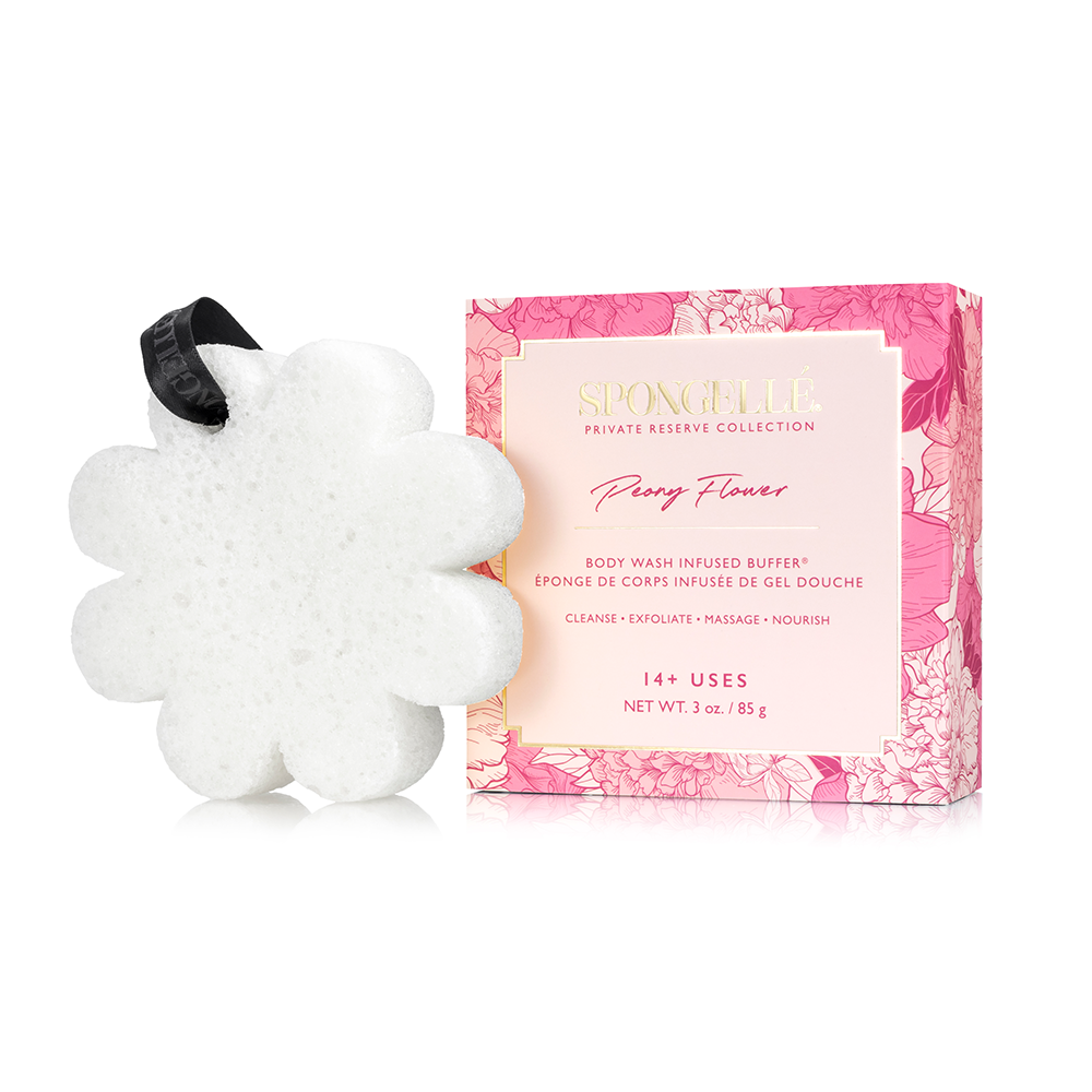 Spongellé Peony Flower Body Wash Infused Buffer in a boxed floral design with pink peony pattern.