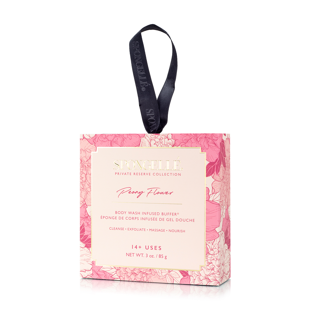 Spongellé Peony Flower Body Wash Infused Buffer in a decorative boxed packaging with pink peony design.