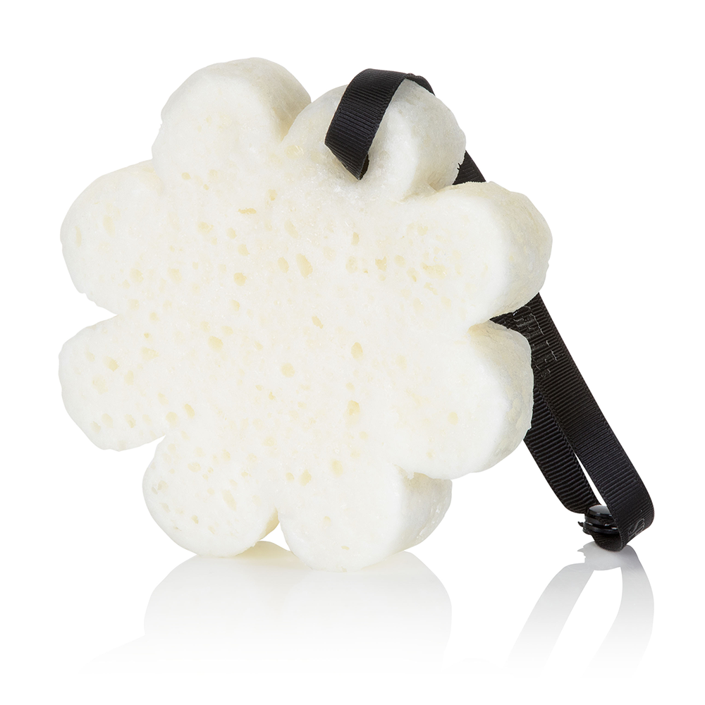 Spongellé Peony Flower Body Wash Infused Buffer in boxed floral packaging, soft sponge with fragrant peony scent.