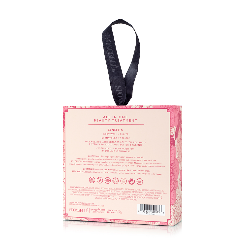 Spongellé Peony Flower Body Wash Infused Buffer with boxed floral design, soft textured buffer for cleansing and exfoliating.