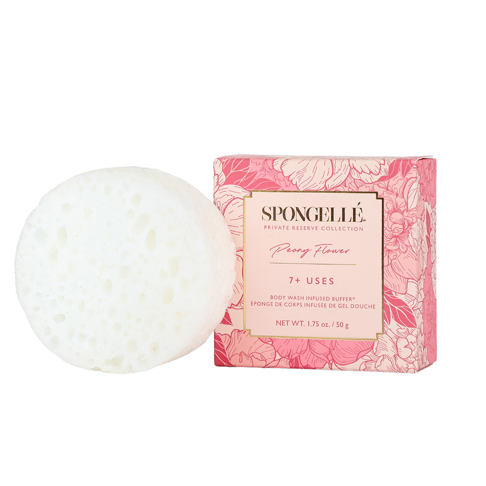Peony Flower Spongette body wash infused buffer by Spongellé, soft sponge with peony scent and floral design.