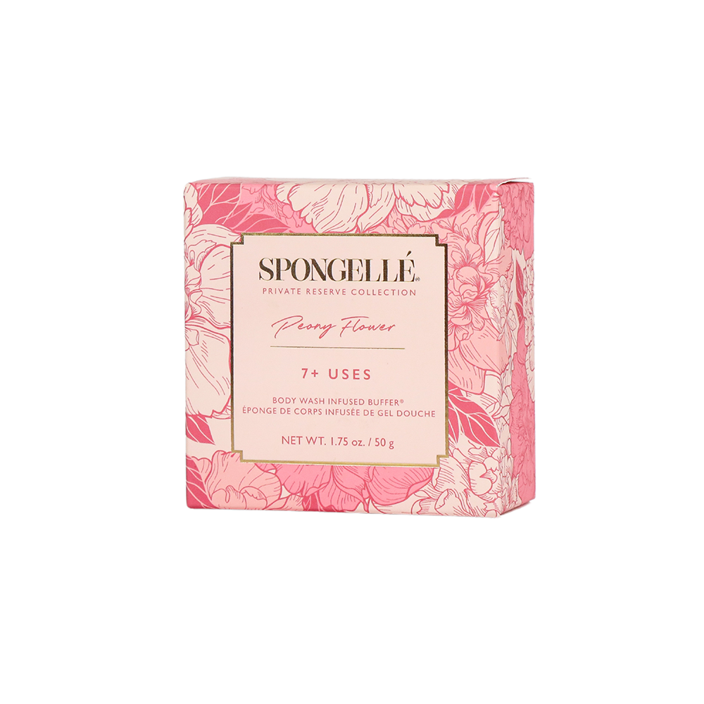 Spongellé Peony Flower Body Wash Infused Buffer Spongette with pink peony design and soft exfoliating texture.