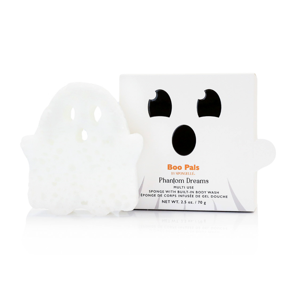 Spongellé Phantom Dreams Ghost body wash infused buffer with Boo Pals design, soft exfoliating body wash sponge.