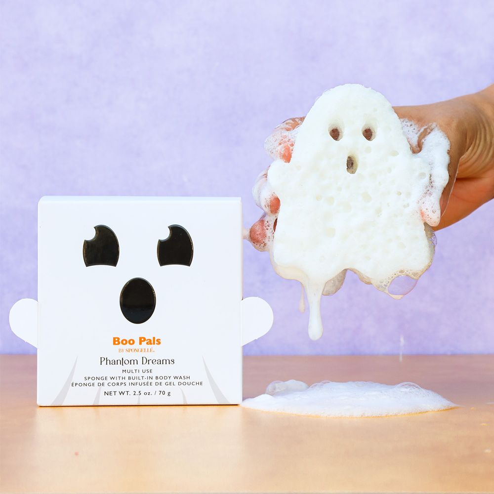 Spongellé Phantom Dreams Ghost body wash infused buffer with Boo Pals design, soft exfoliating sponge for skin cleansing.
