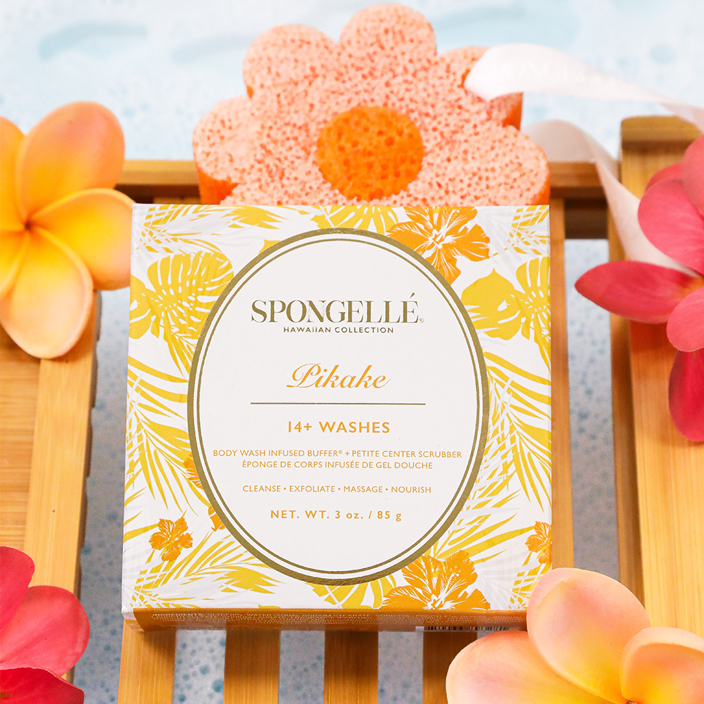 Spongellé Pikake Hawaiian body wash infused buffer with floral design and soft texture for gentle skin cleansing.