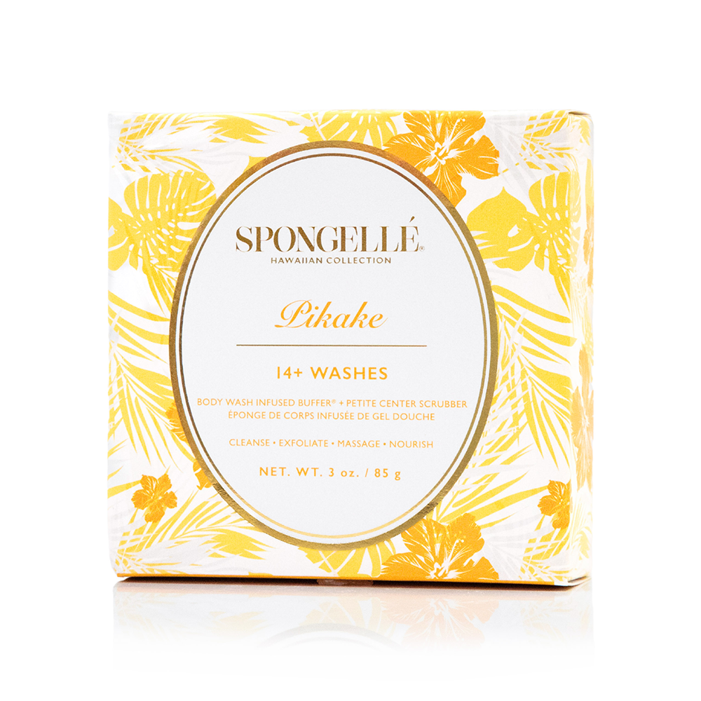 Spongellé Pikake Hawaiian Buffer, a body wash infused buffer with floral scent, showing textured sponge with floral design.