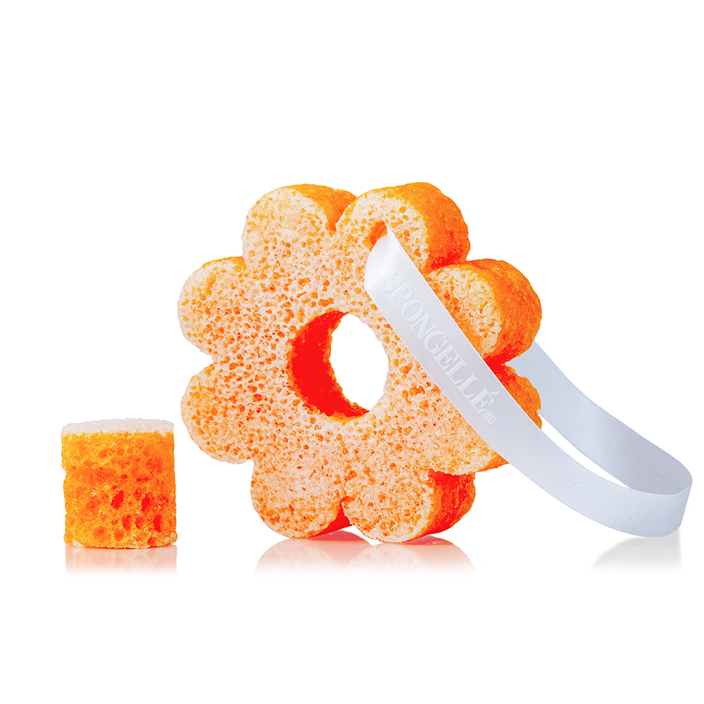 Spongellé Pikake Hawaiian Body Wash Infused Buffer showing the textured, flower-shaped buffer with floral design and vibrant colors.
